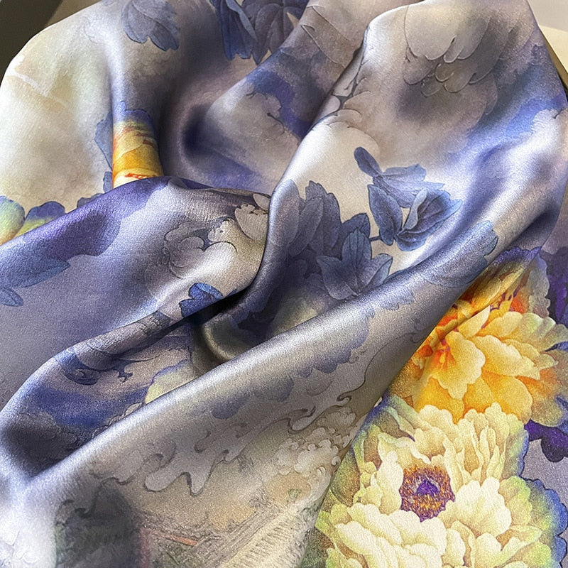 100% Silk Square Purple Flower Decoration Woman | La Parisienne