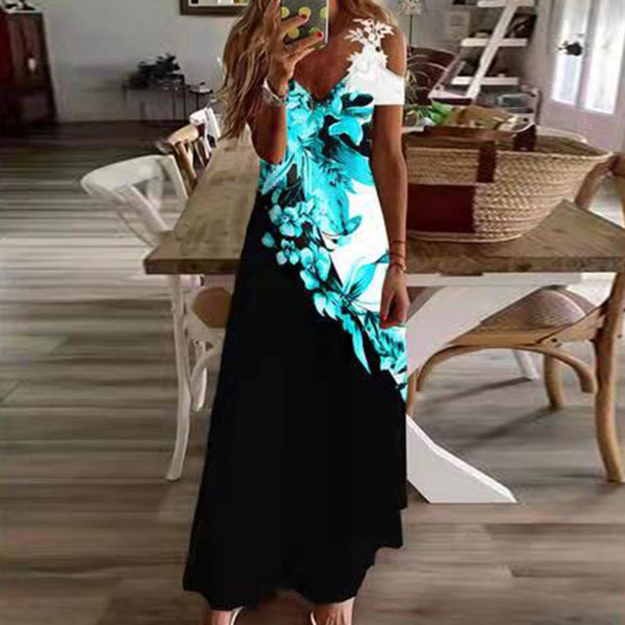 Women's Black Flower Blue Maxi Dress | La Parisienne